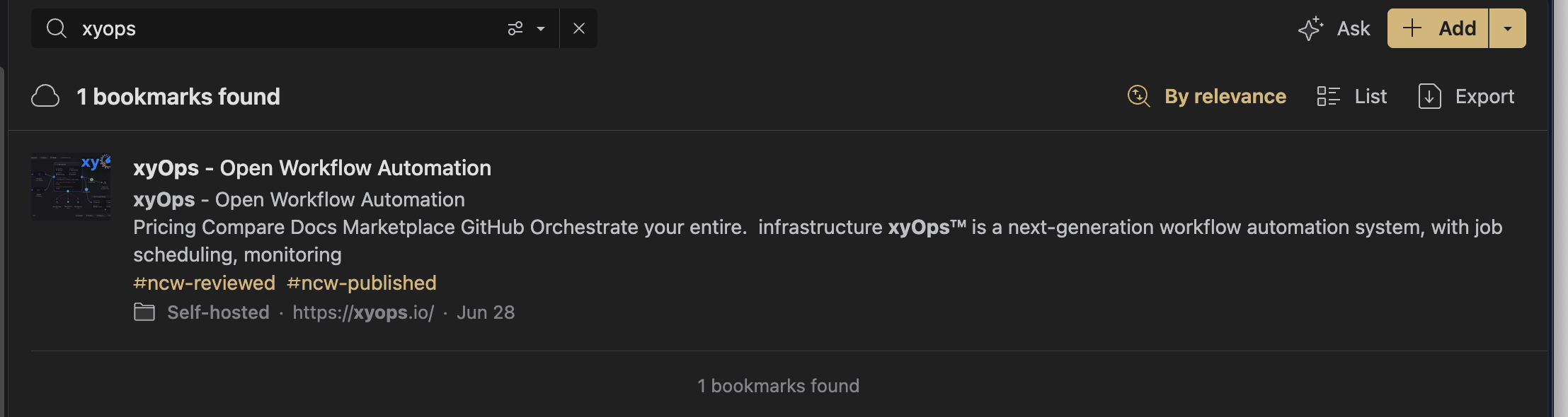 Raindrop search for xyops finding one bookmark: xyOps — Open Workflow Automation, tagged ncw-reviewed and ncw-published, filed Self-hosted, saved Jun 28.
