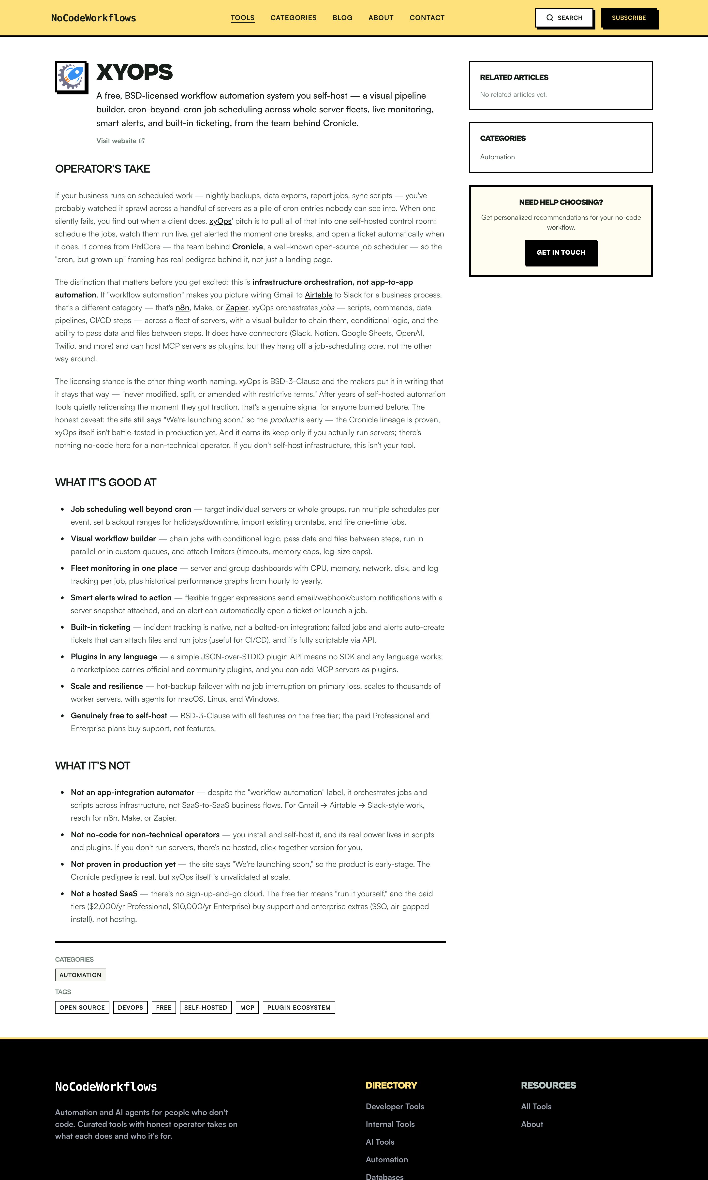 The published xyOps entry on nocodeworkflows.co: icon, headline, operator’s take, and what-it’s-good-at sections.